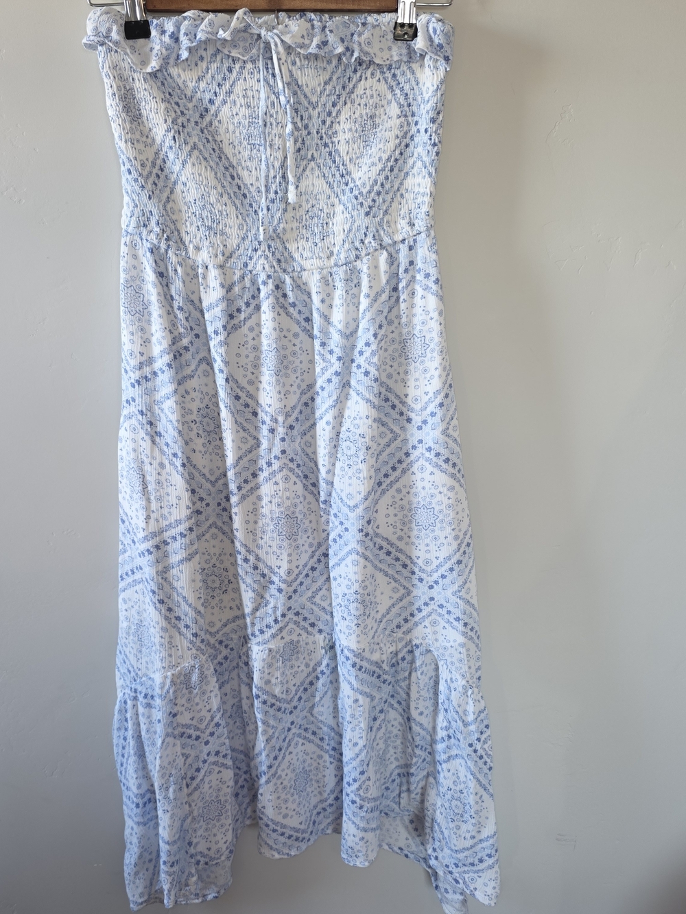 Hollister White and Light Blue Strapless Printed Maxi Dress